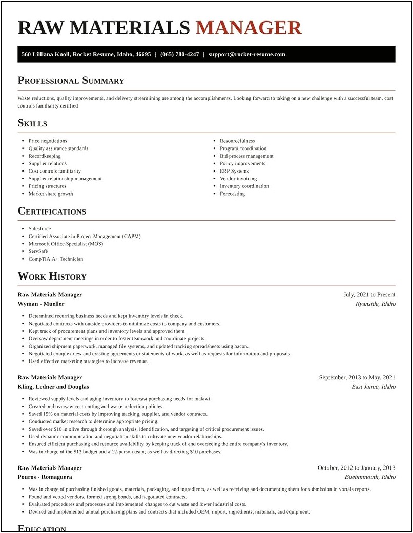 Material Management Summary On A Resume Sample