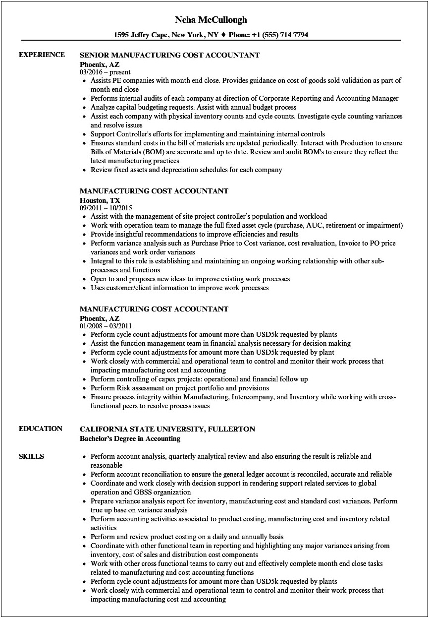 Materials Experience In Accounting For Resume