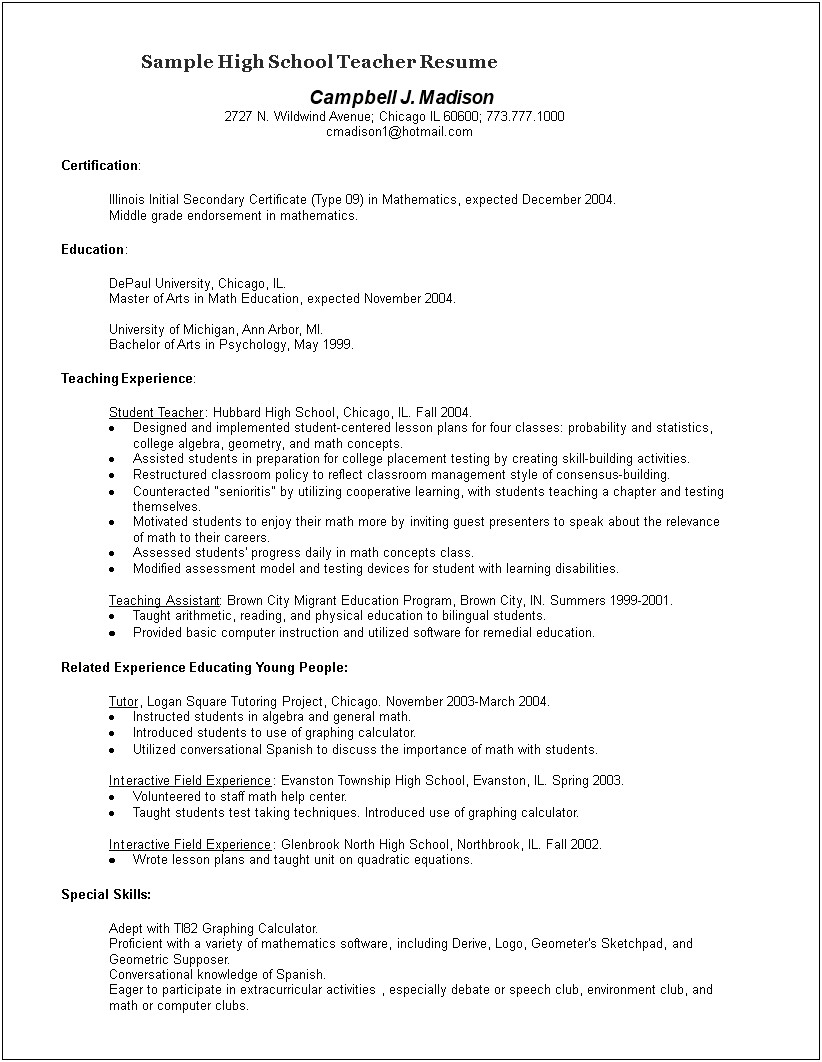 Math Tutor For Middle School Resume