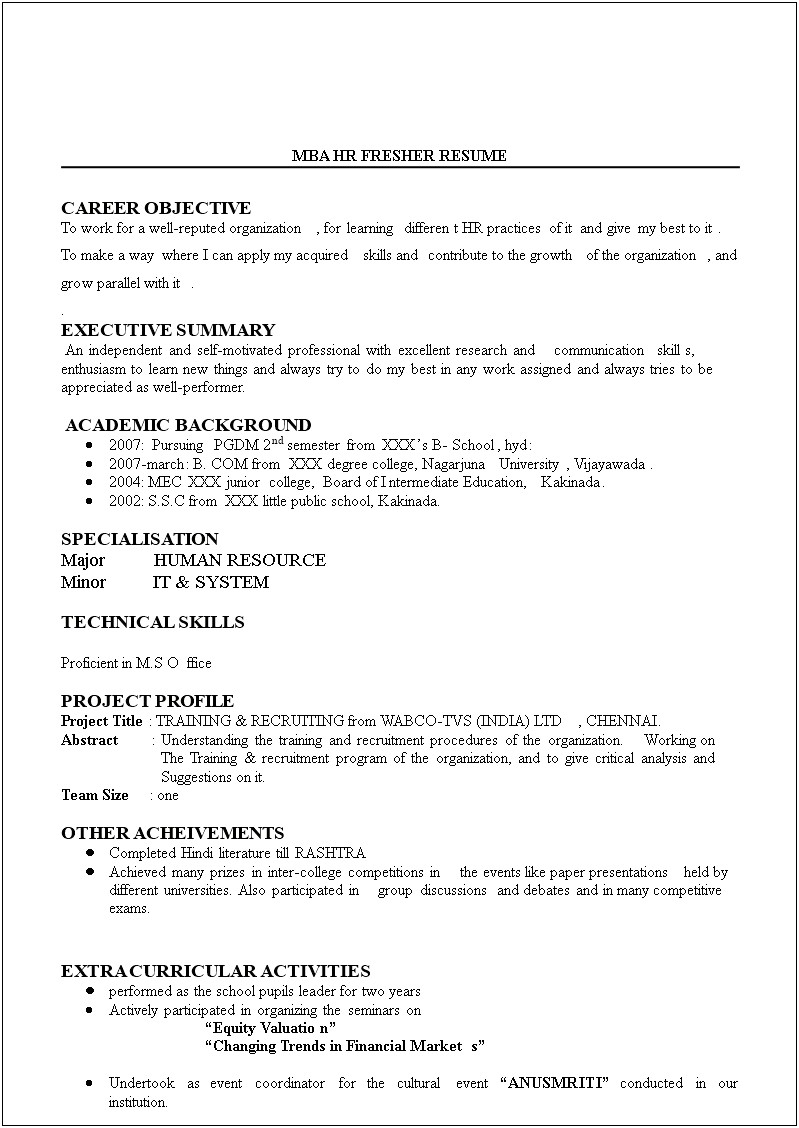 Mba Finance Fresher Resume Format Free Download