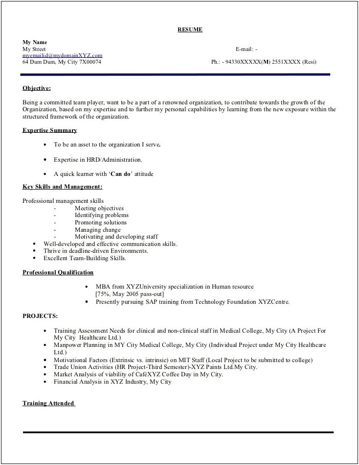 Mba Finance Fresher Resume In Word Format