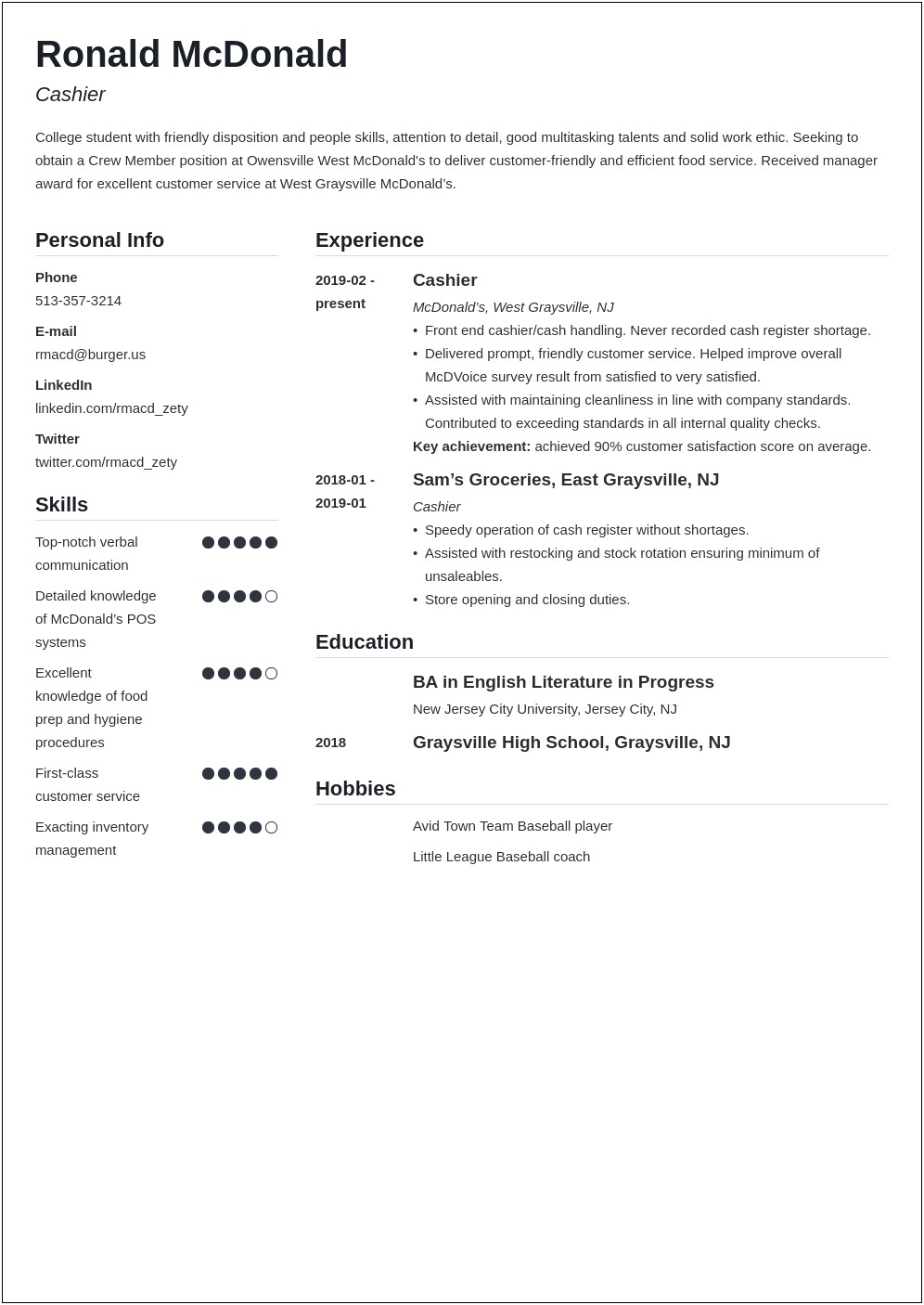 Mcdonalds Crew Member Job Description For Resume