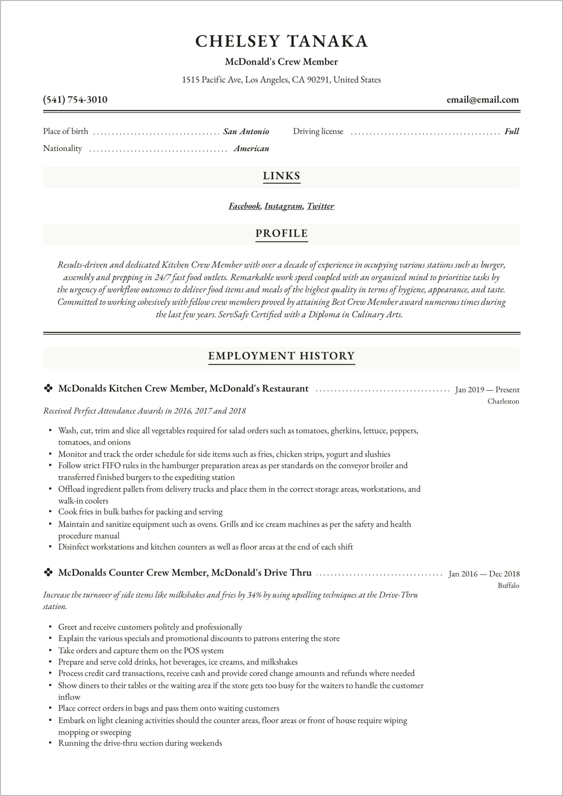 Mcdonald's Team Member Job Description For Resume