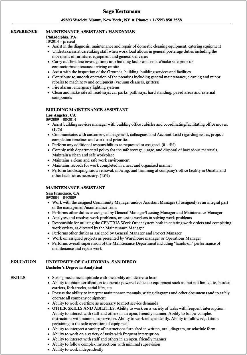Mechanic Assistant Job Description For Resume