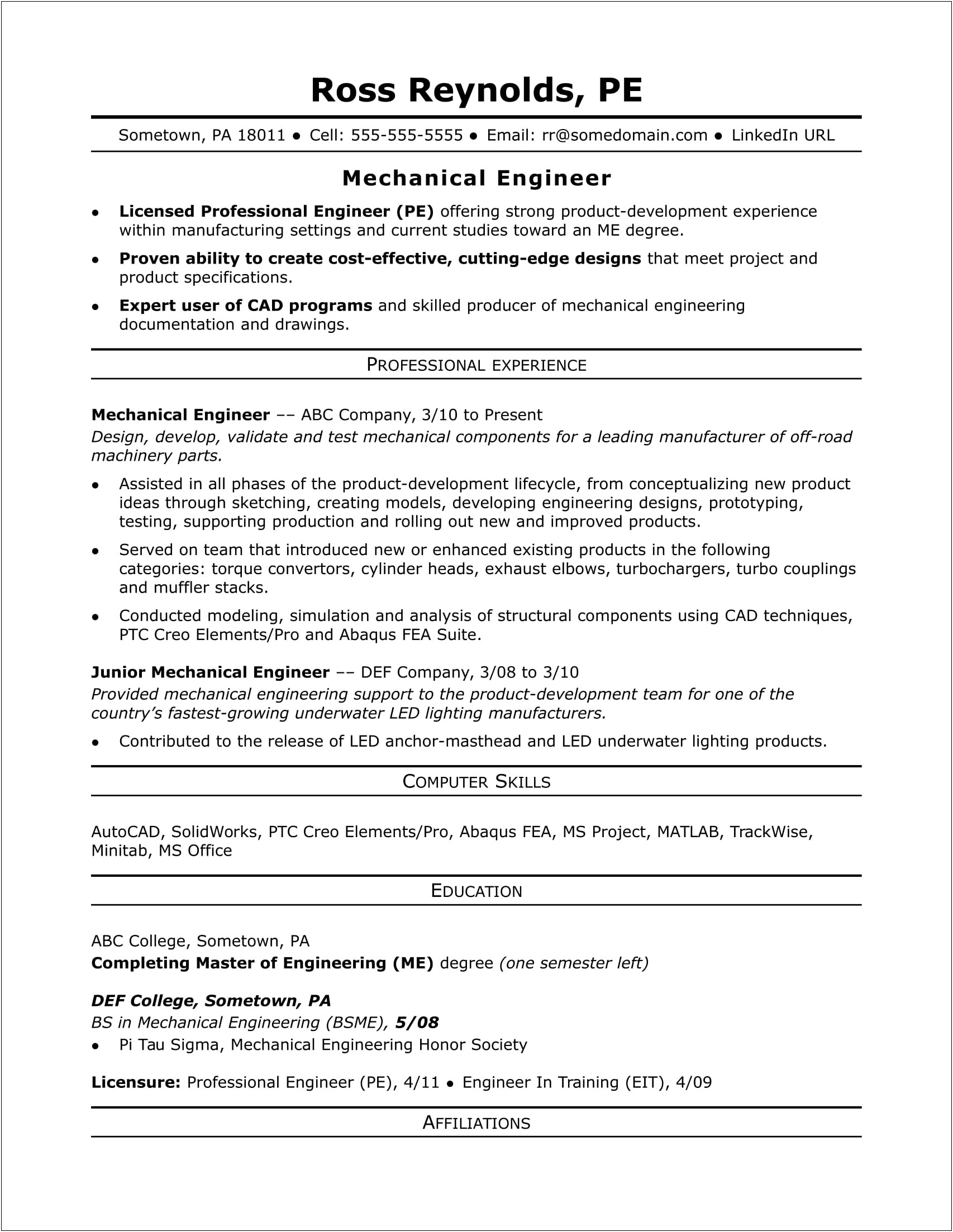 Mechanical Engineer 3 Years Experience Resume