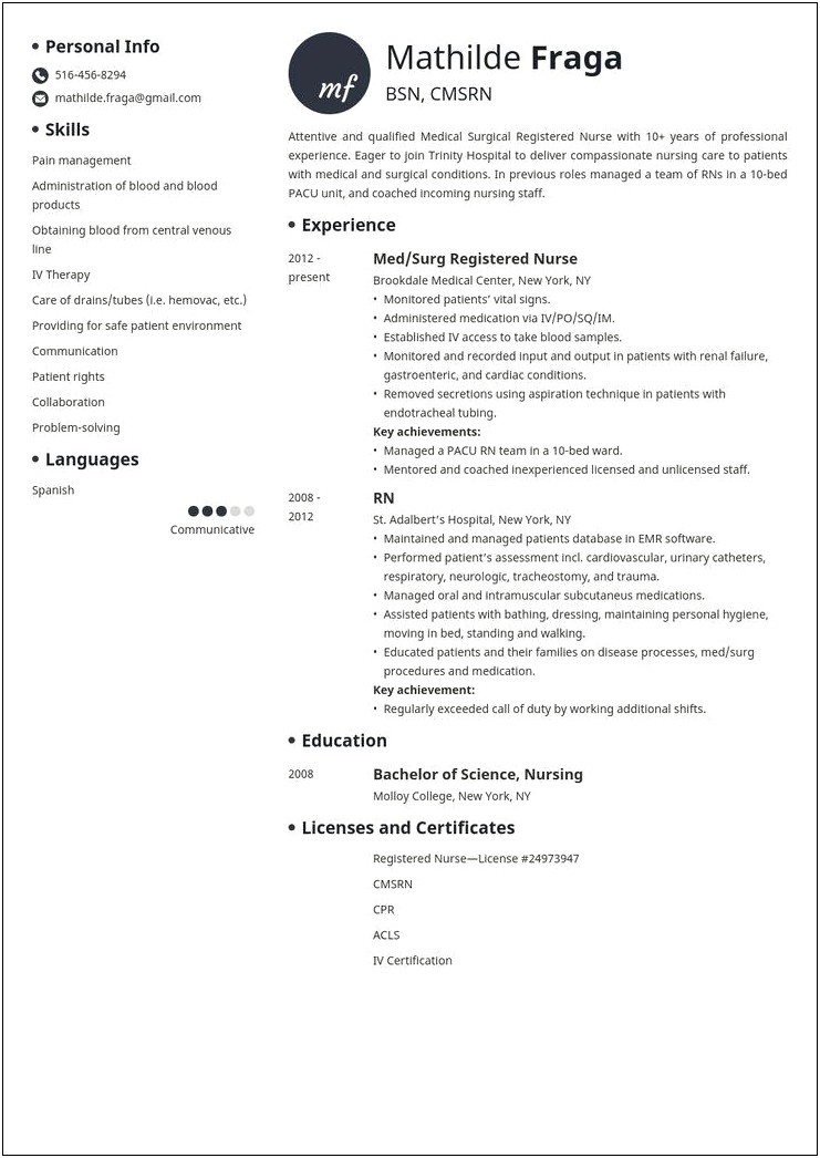Med Surg Nurse Job Description Resume