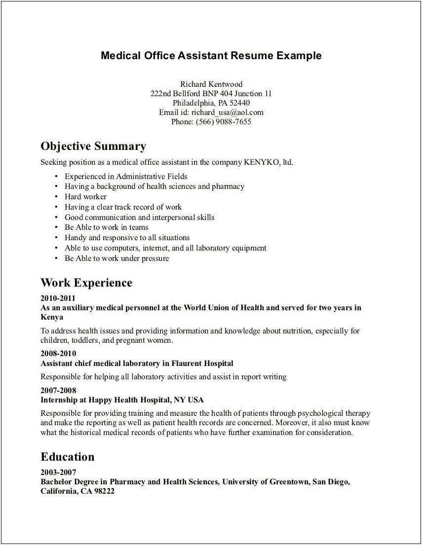 Medical Assistant Objective F Or Resume