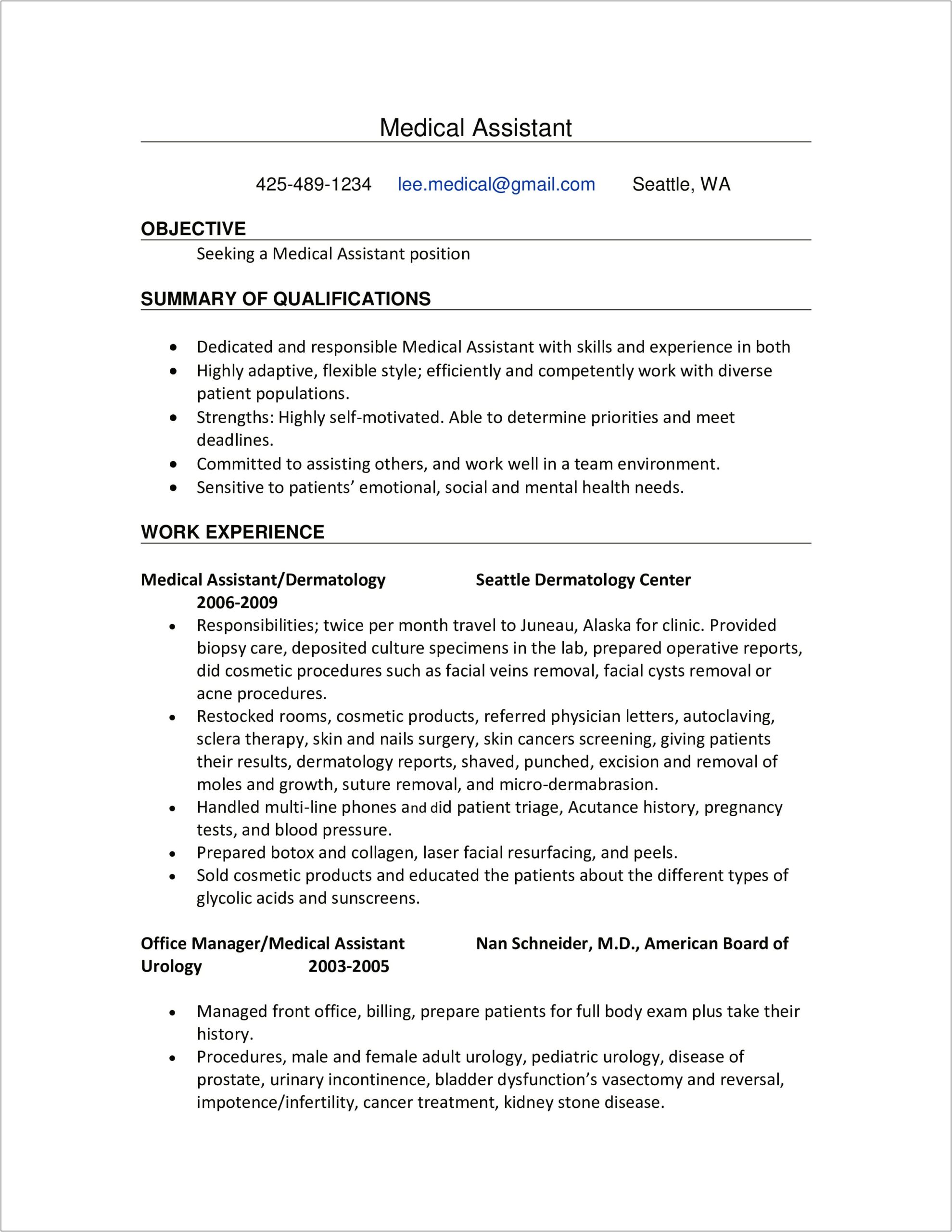 Medical Assistant Objective Statement For Resume