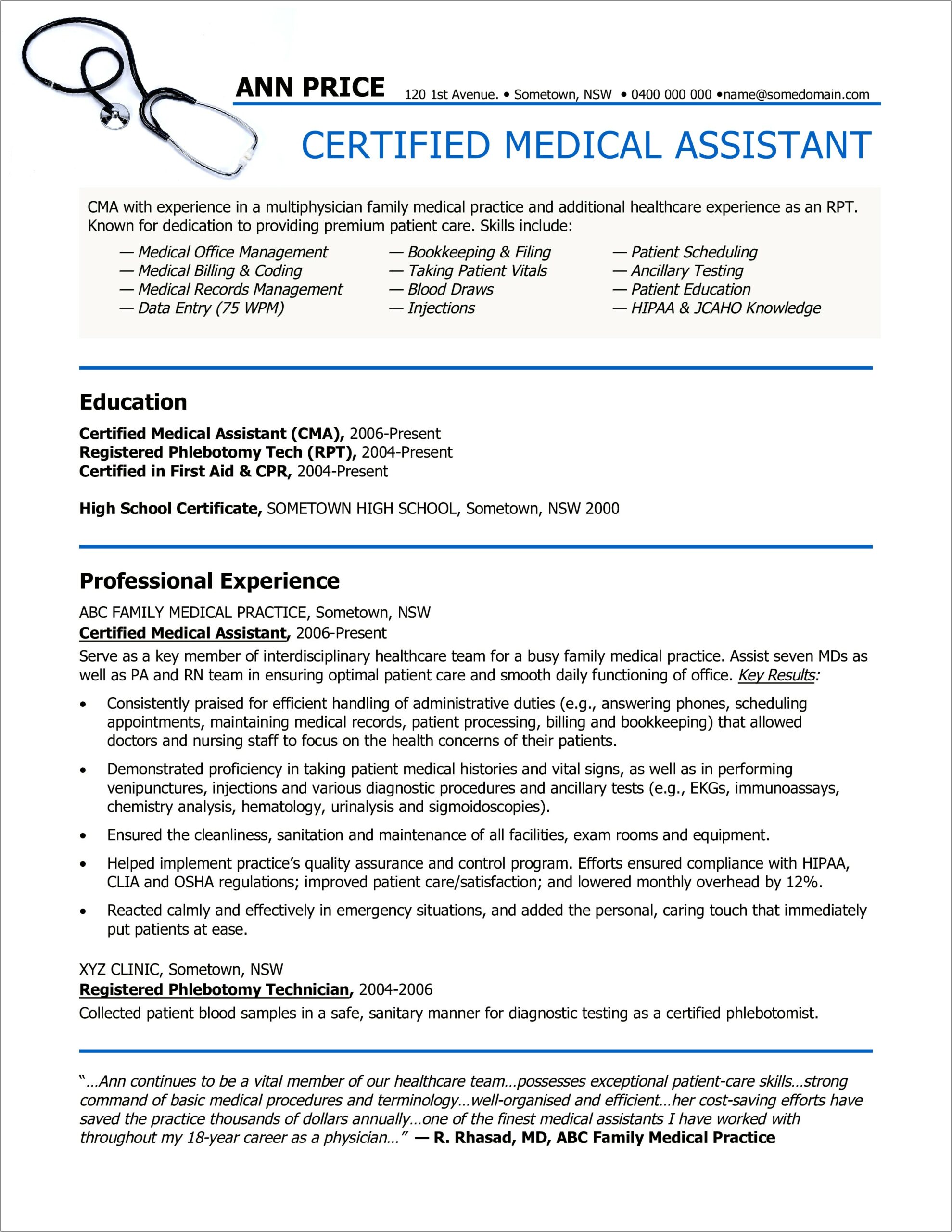 Medical Assistant Sample Resumes No Experience