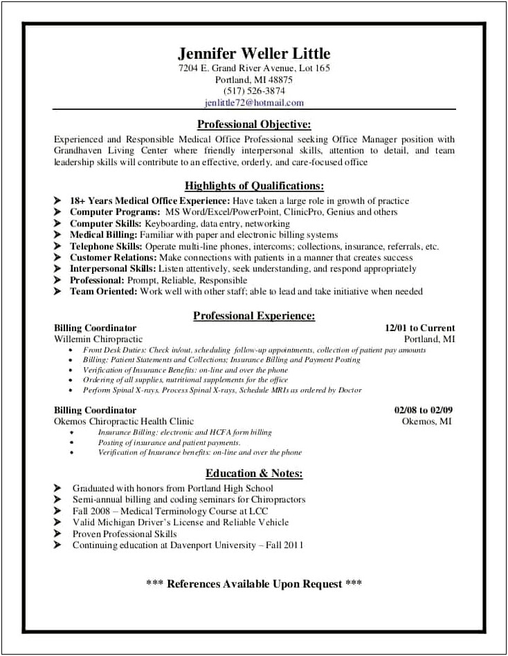 Medical Billing And Coding Specialist Sample Resume