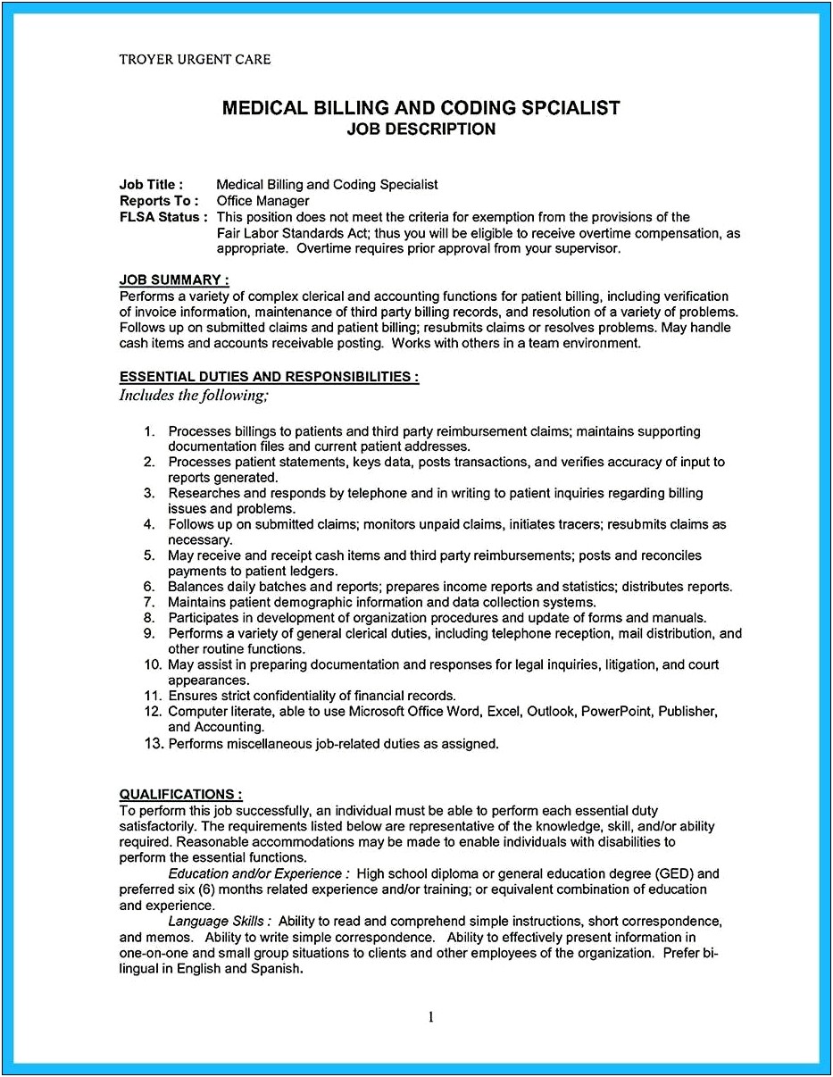 Medical Billing Clerk Job Description For Resume