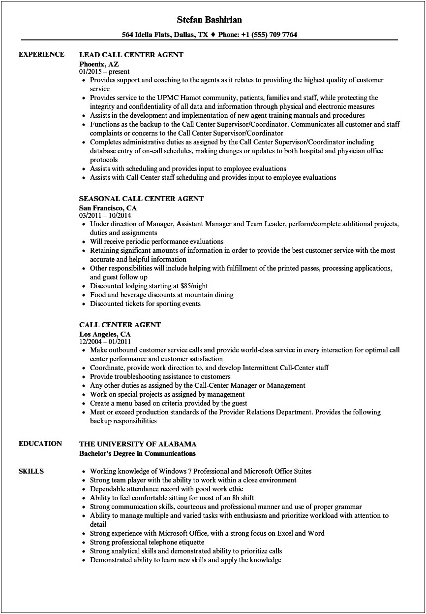 Medical Call Center Job Description Resume