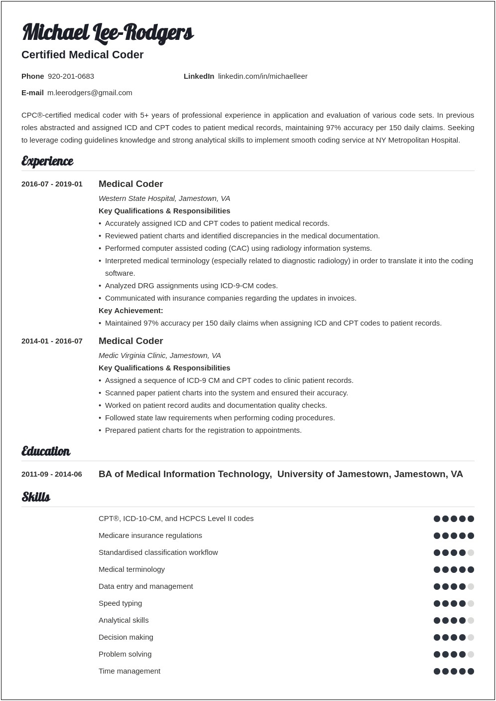 Medical Coding Resume Sample No Experience