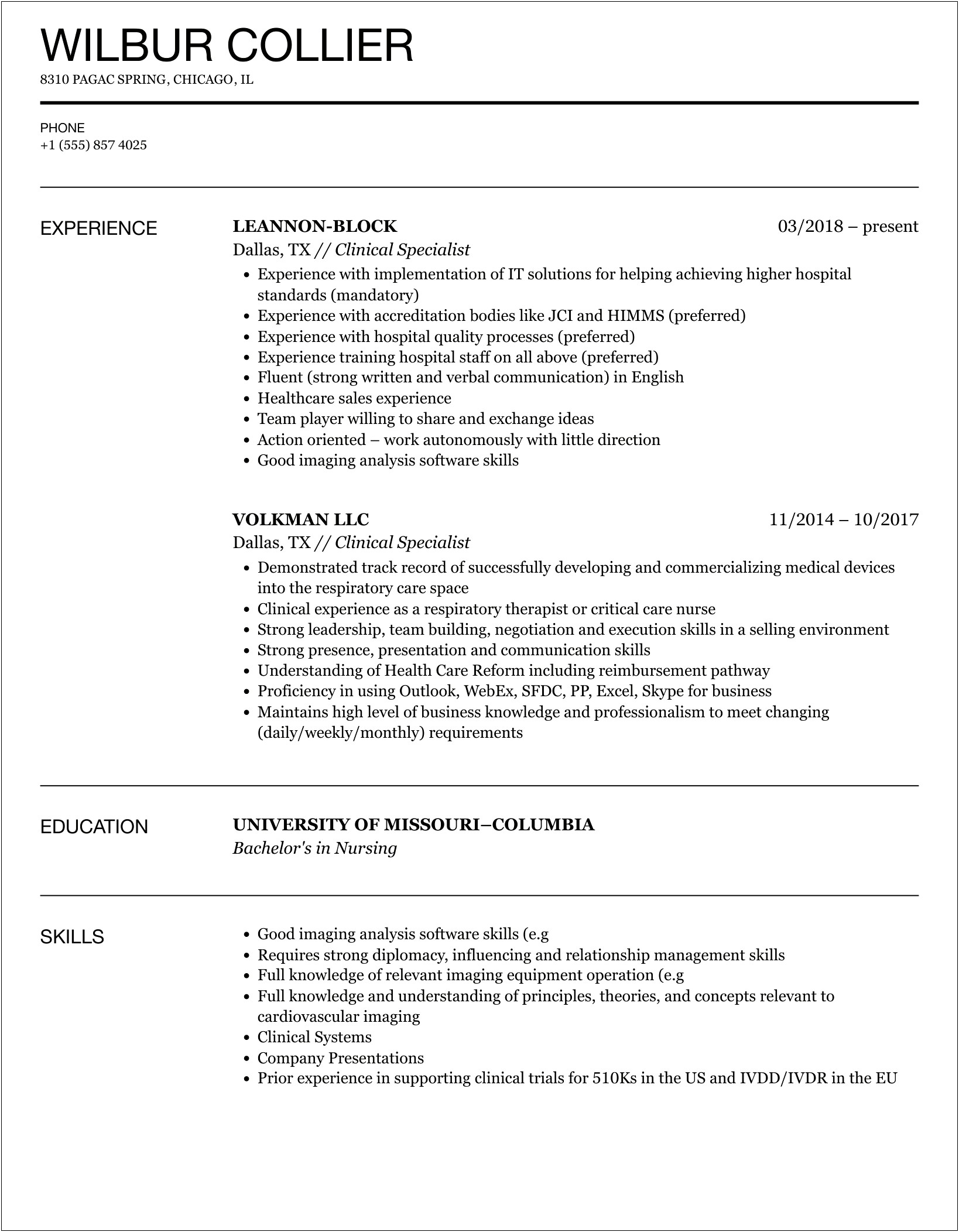 Medical Device Clinical Specialist Resume Example