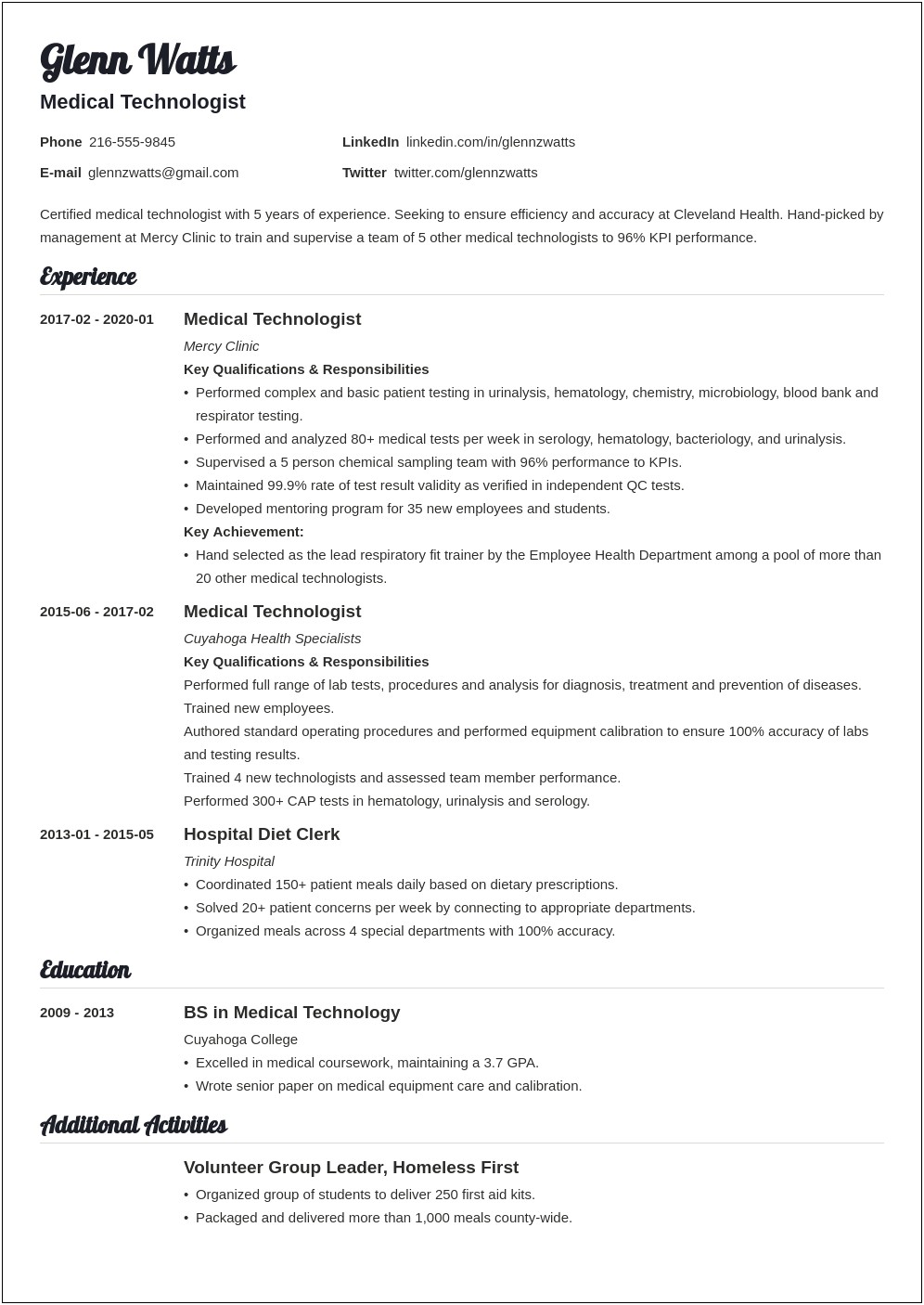Medical Laboratory Scientist Resume With No Experience
