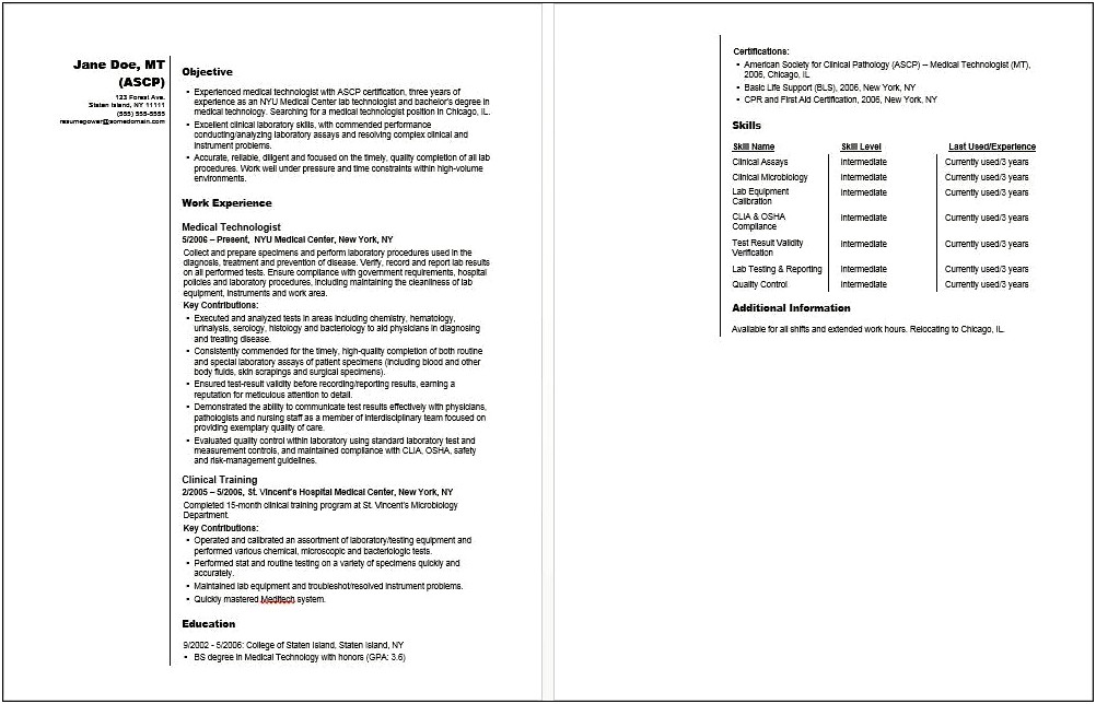 Medical Laboratory Technician Job Description For Resume