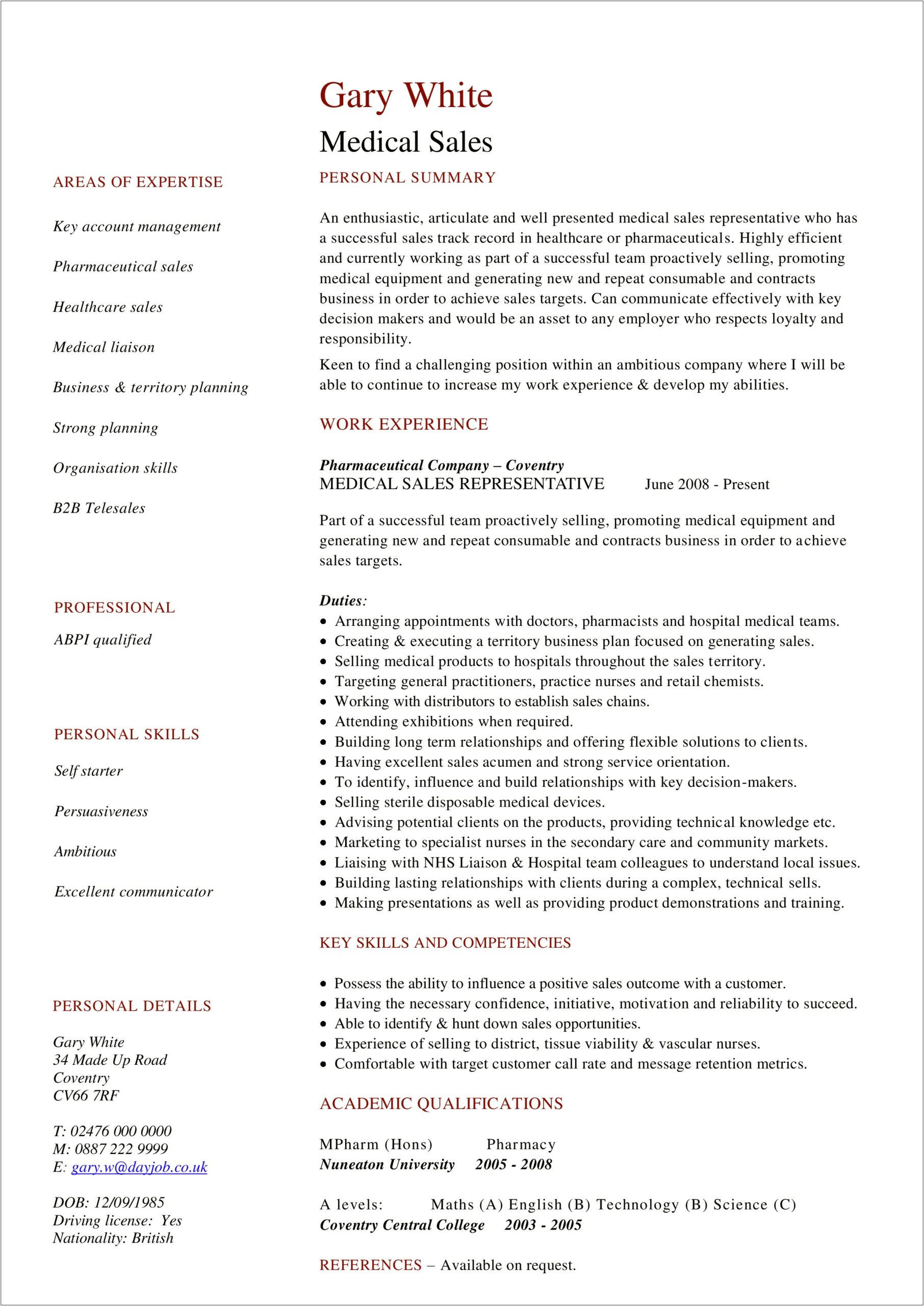Medical Sales Representative Job Description Resume