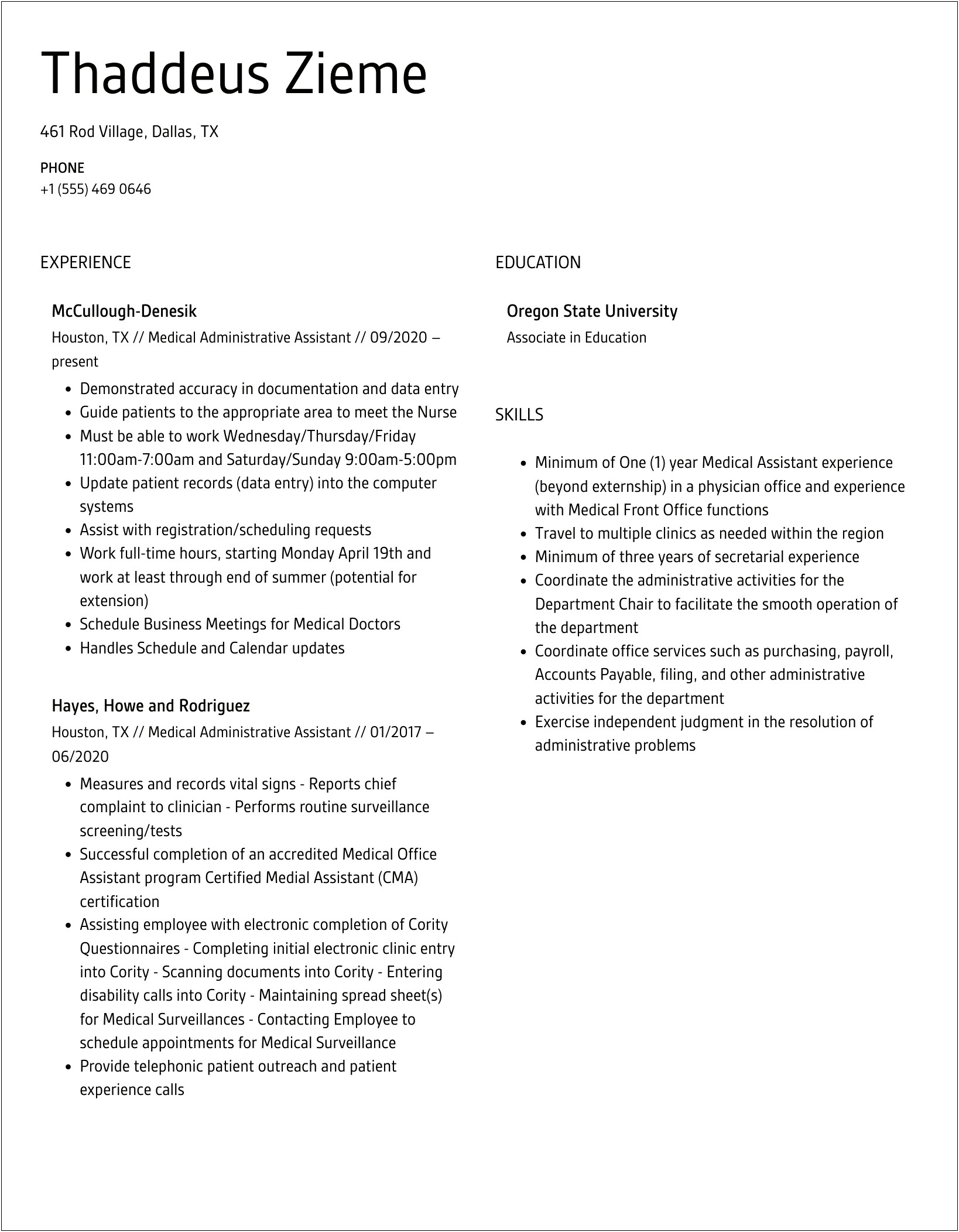 Medical Sample Resume In Administrative Associate Surgical Service