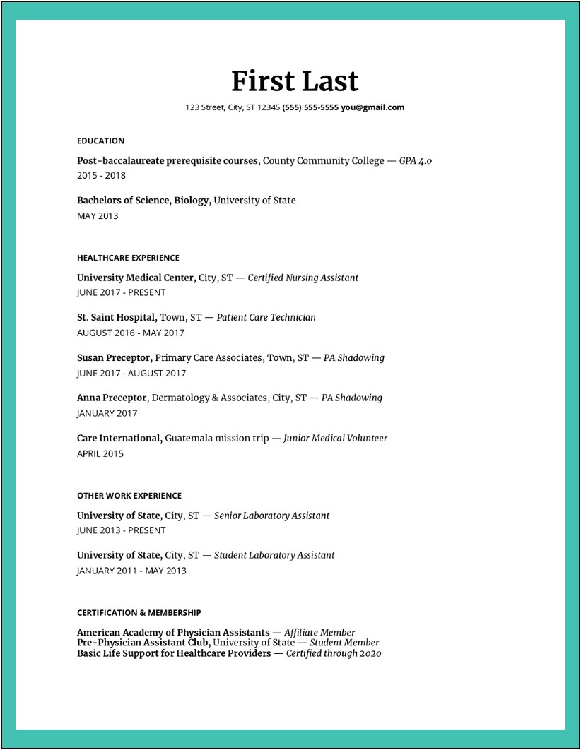 Medical Shadowing On A Resume Example