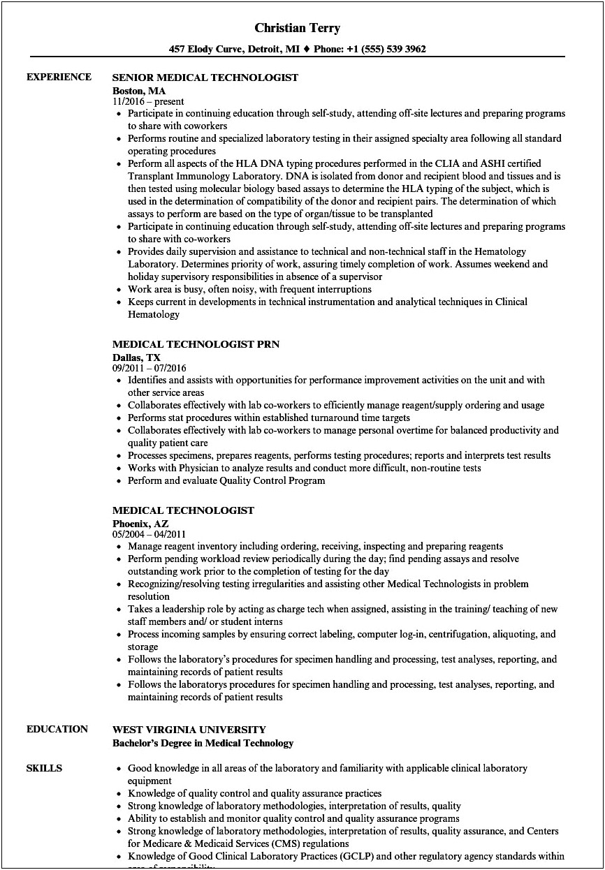 Medical Technician Job Description For Resume