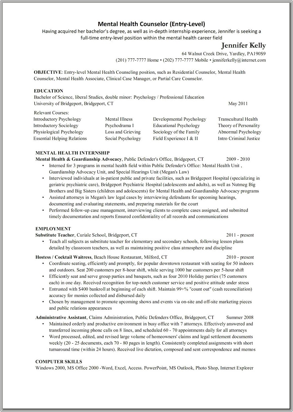 Mental Health Counselor Resume Objective Examples