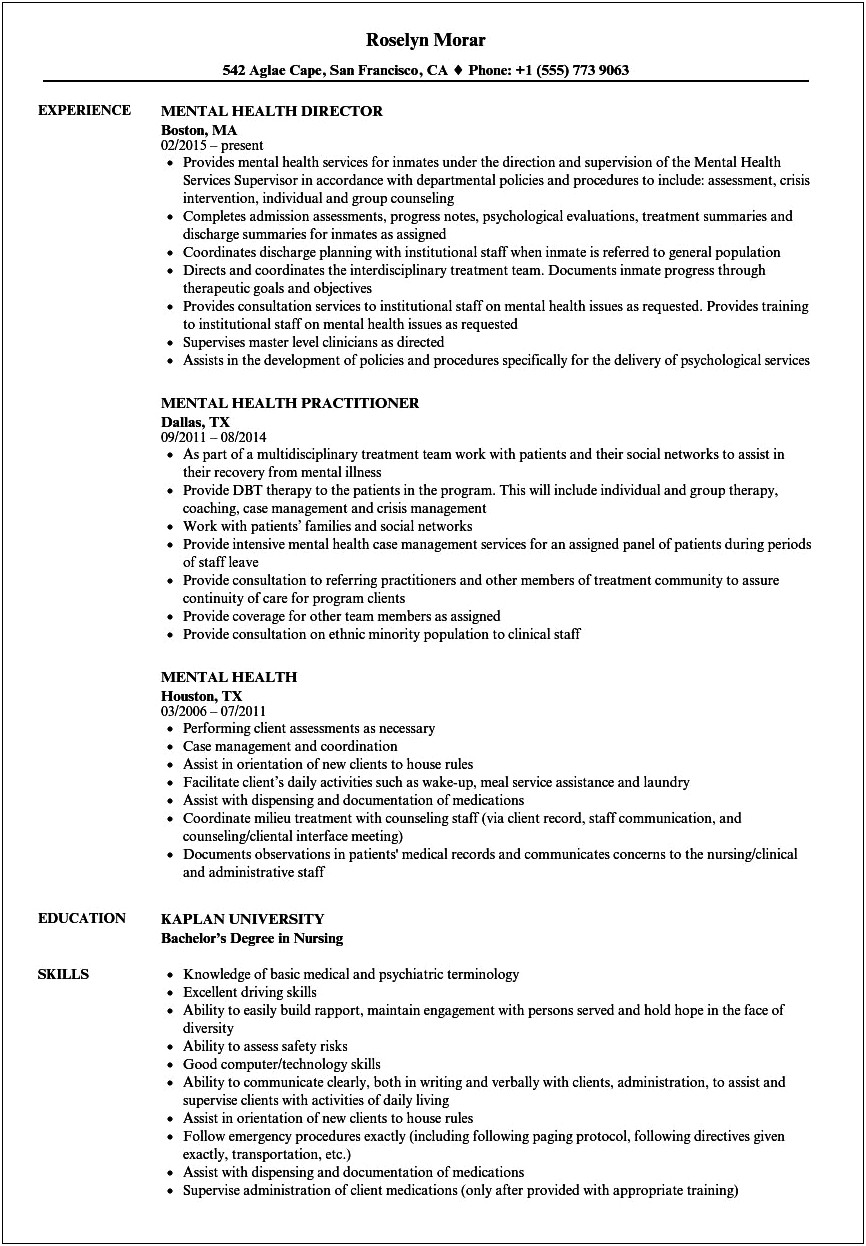 Mental Health Specialist Job Description For Resume