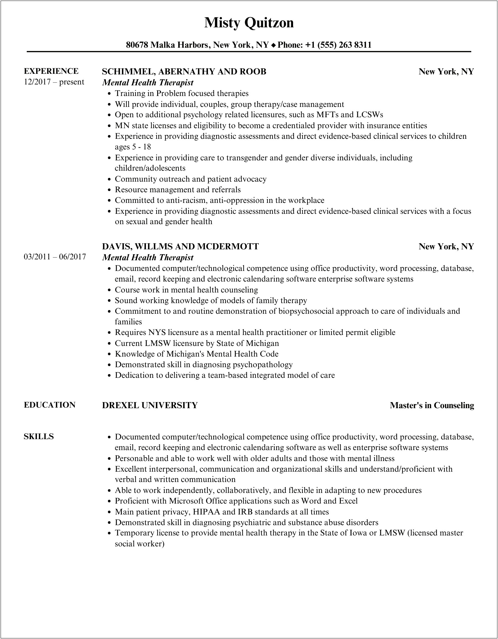 Mental Health Therapist Job Description Resume