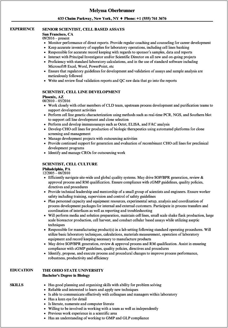 Microbiological Culture Techniques Skills For Resume