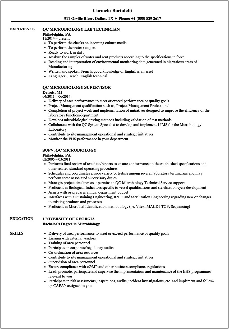 Microbiology Lab Assistant Job Experience Resume