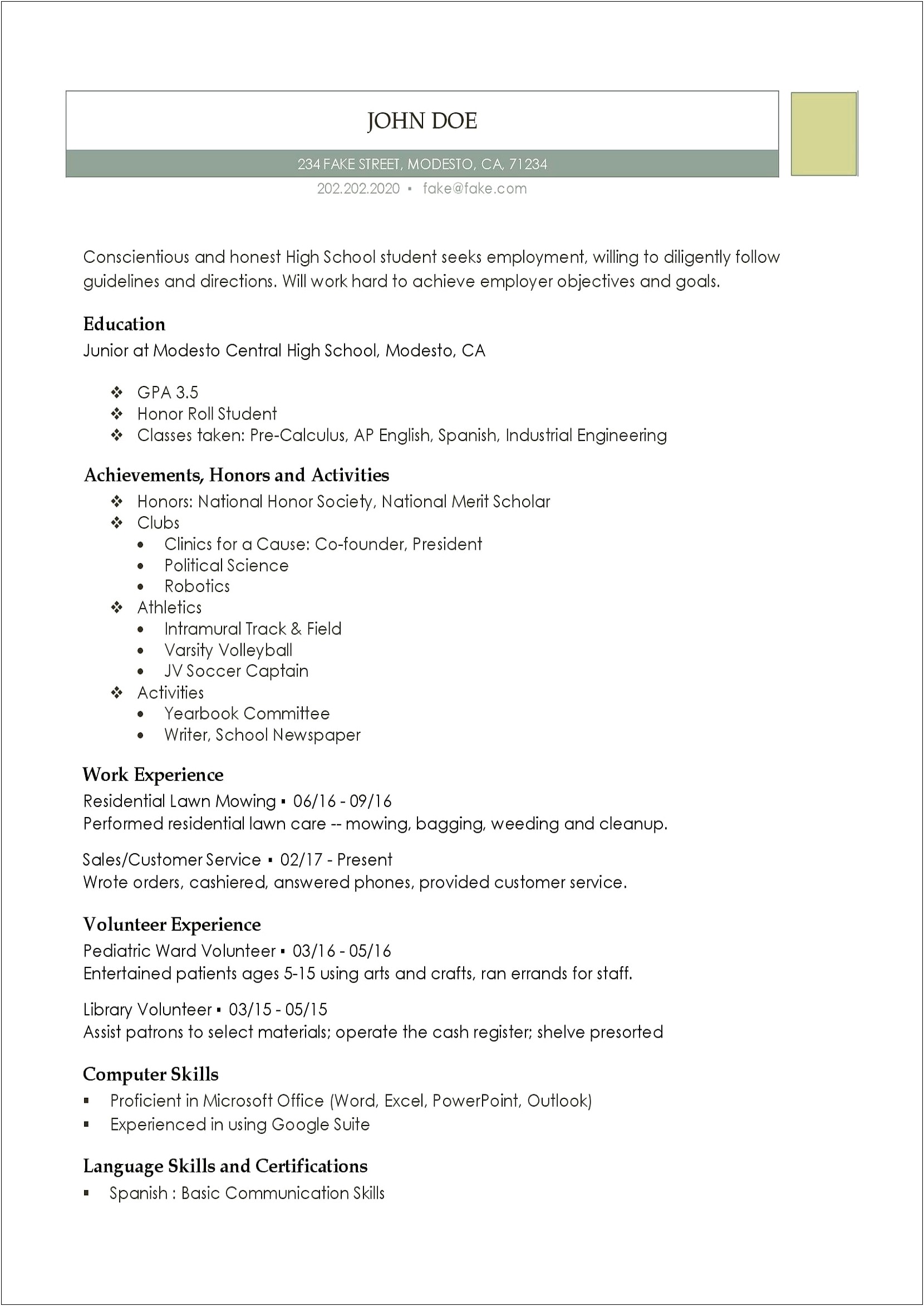 Middle School Resume For High School