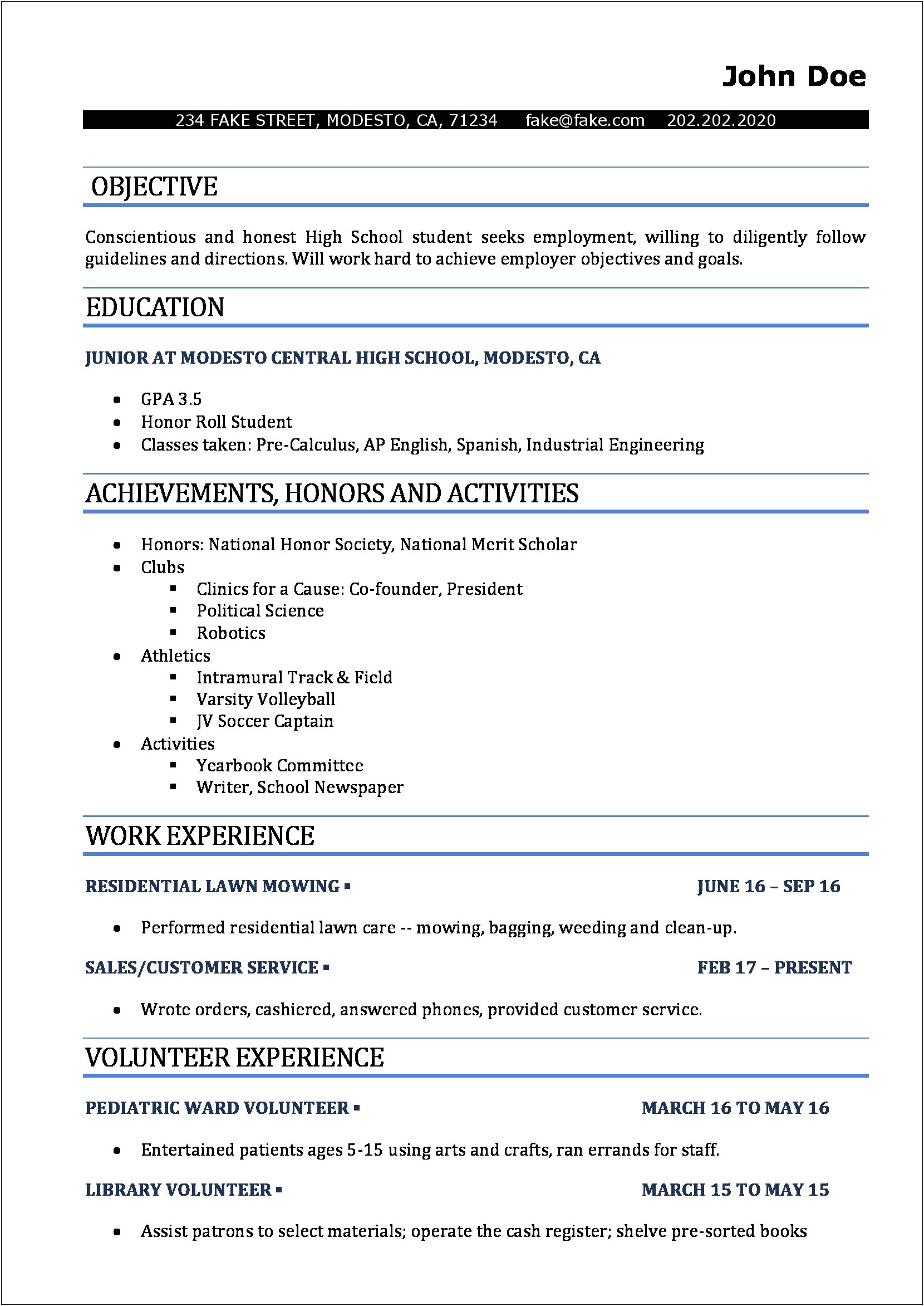 Middle School Student Resume Applying To High School