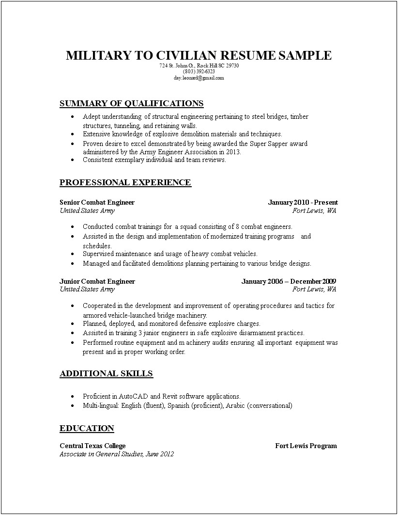 Military Officer To Civilian Resume Examples