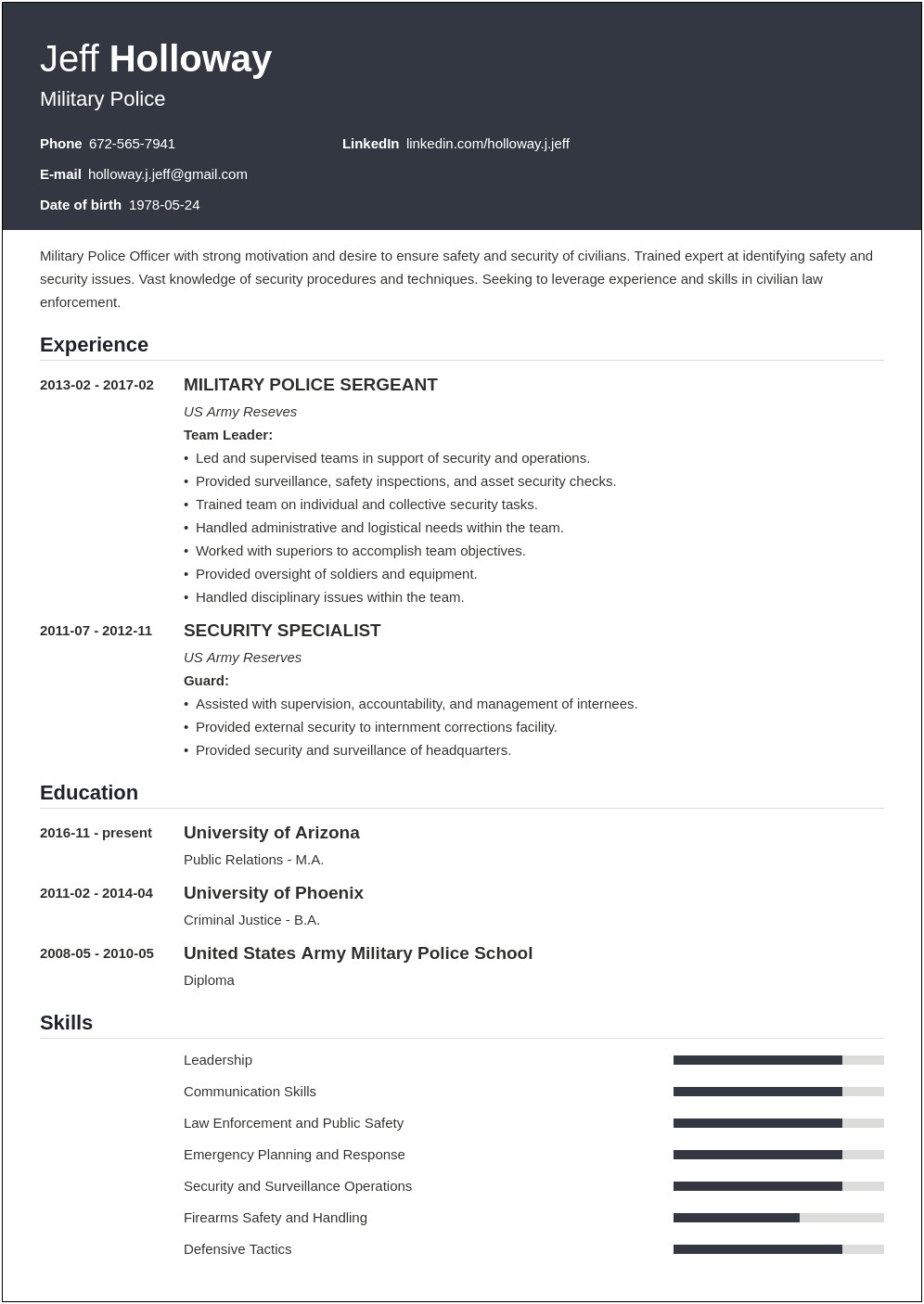 Military Resume For Civilian Job Sample