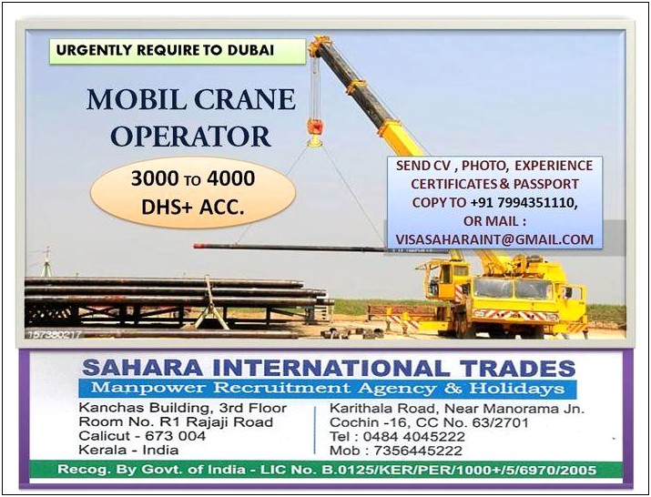 Mobile Crane Operator Job Description Resume