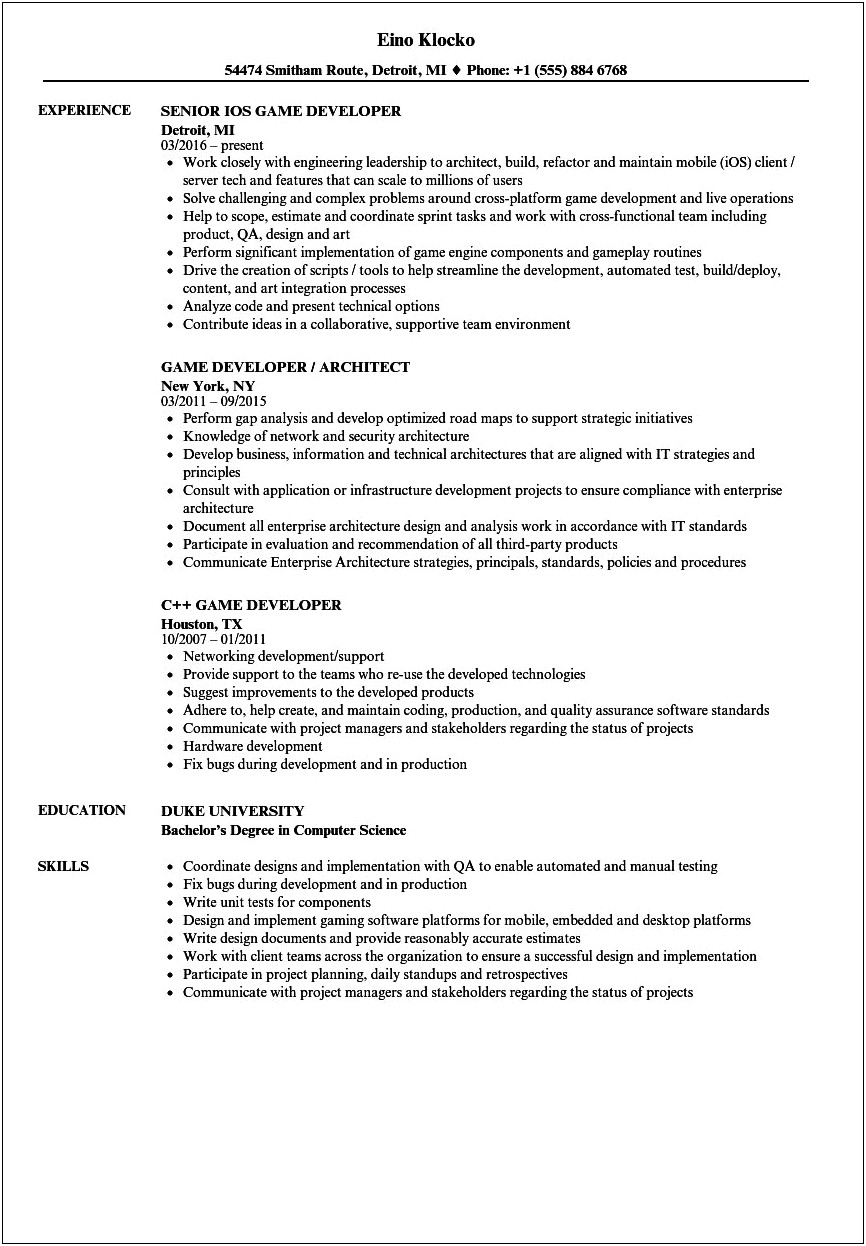 Mobile Dev Experience And Gaming Exp Resume