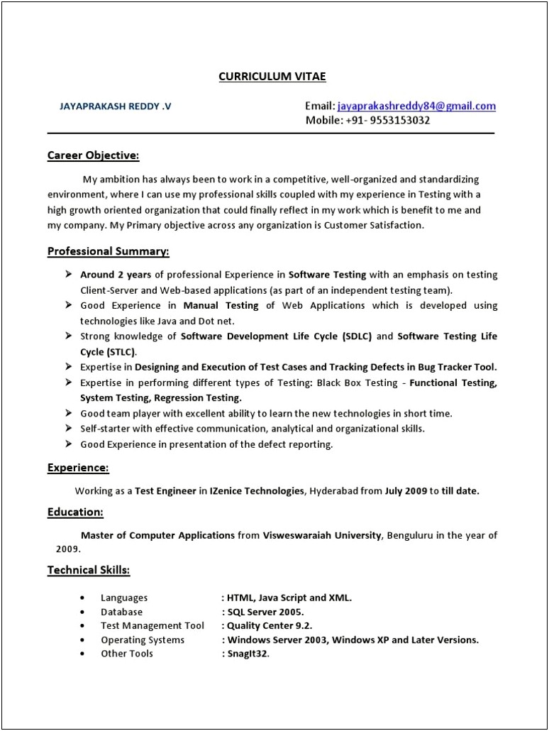 Mobile Testing Resume For 1 Year Experience