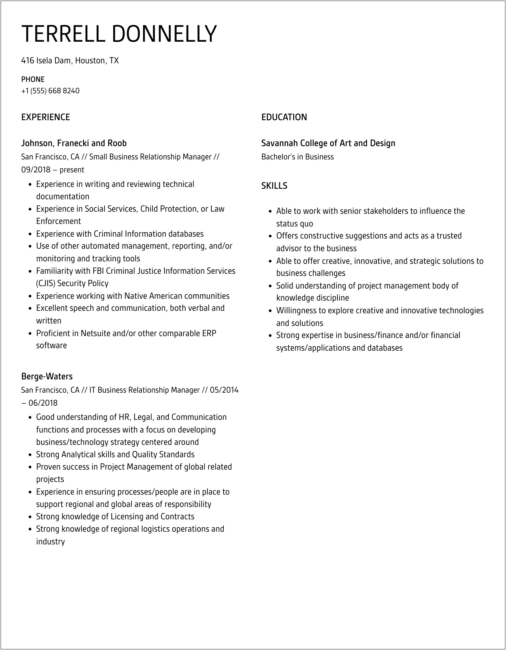 Monster Resume Example Business Relationship Manager