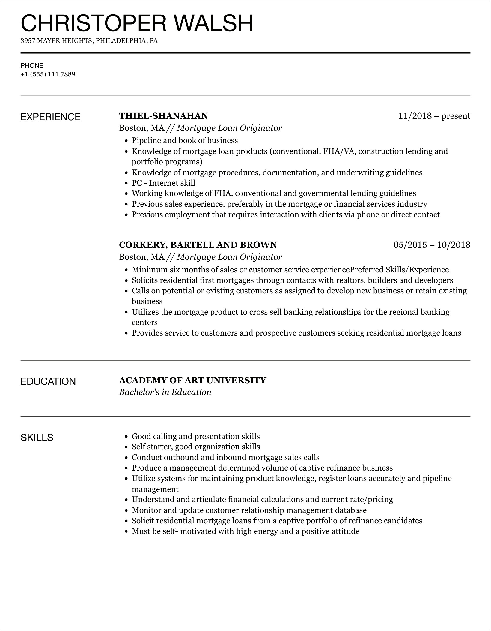 Mortgage Loan Originator Job Description For Resume