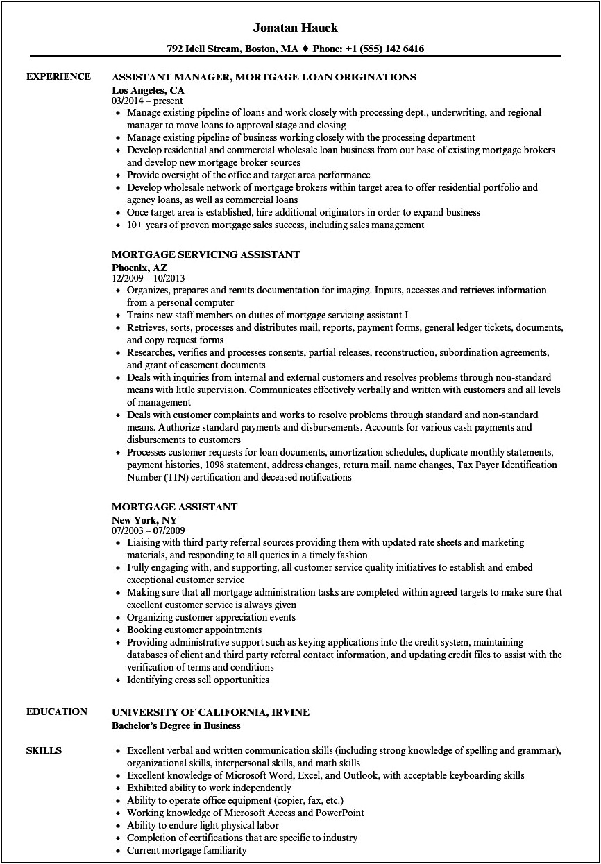 Mortgage Loan Originator Job Description Resume