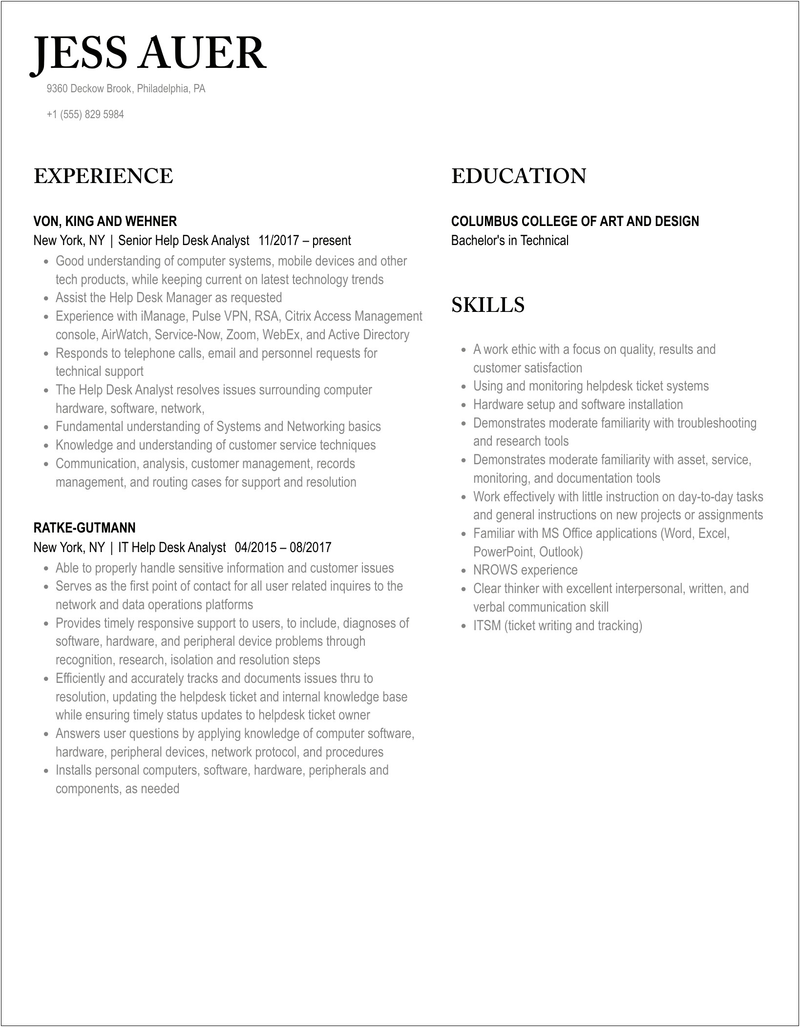 Msp Service Desk Analyst Example Resume