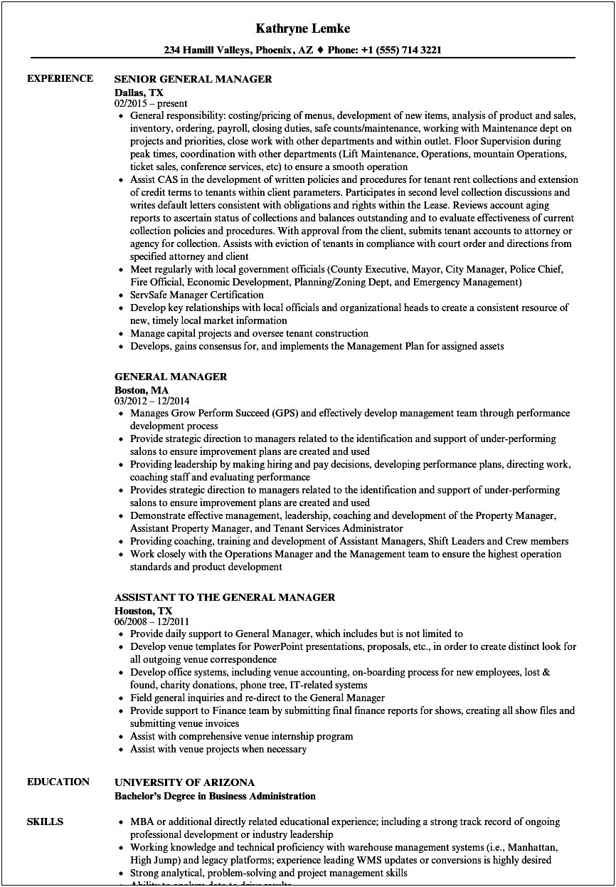 Multi Unit General Manager On Resume