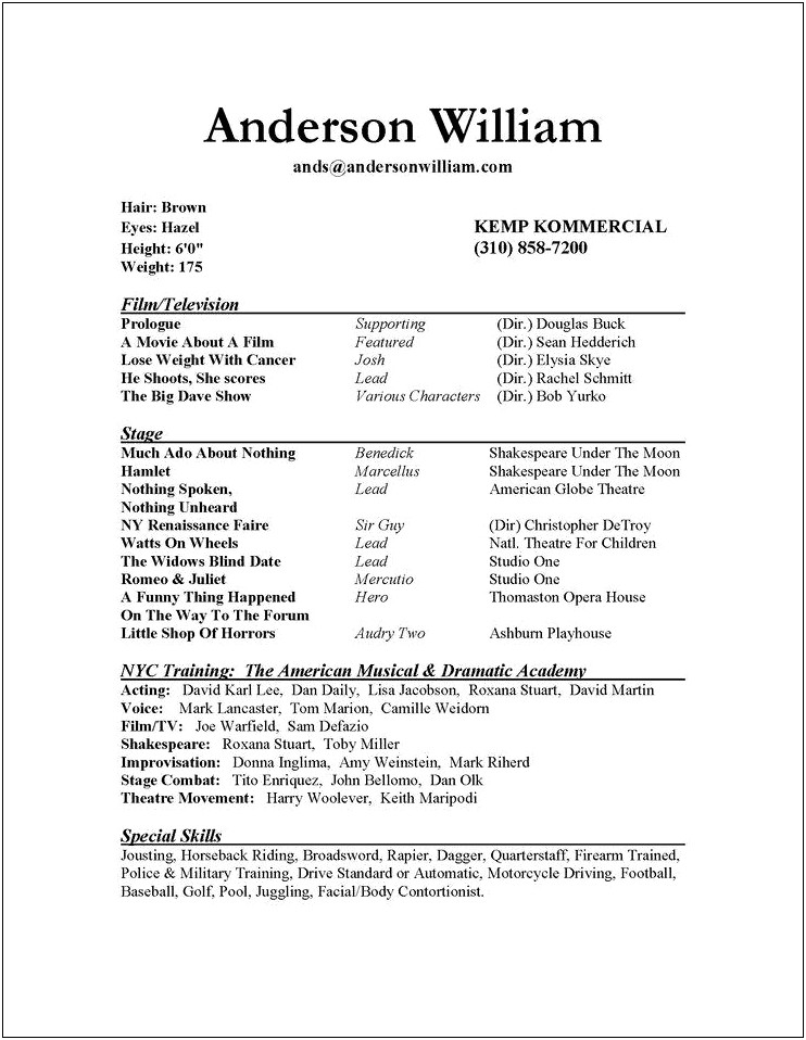 Musical Theatre Resume For Middle School