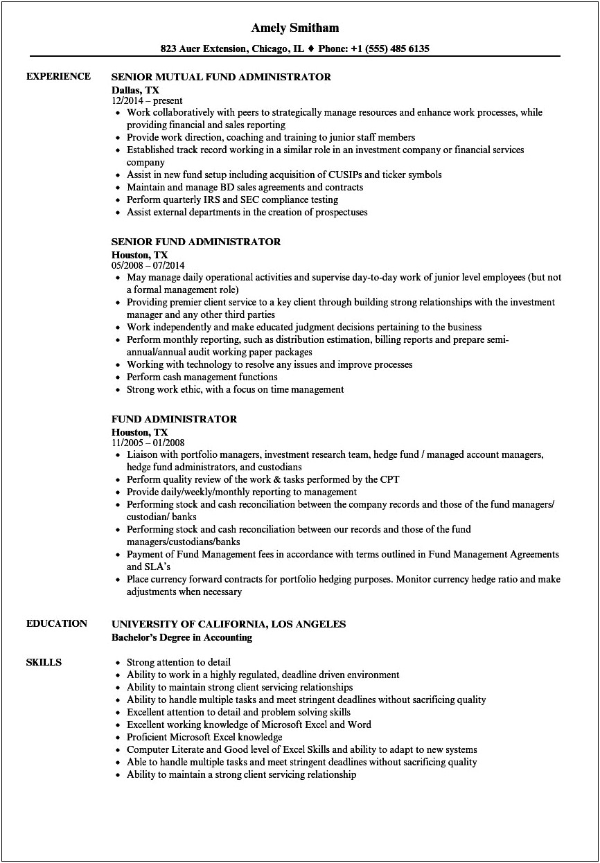 Mutual Fund Back Office Resume Sample