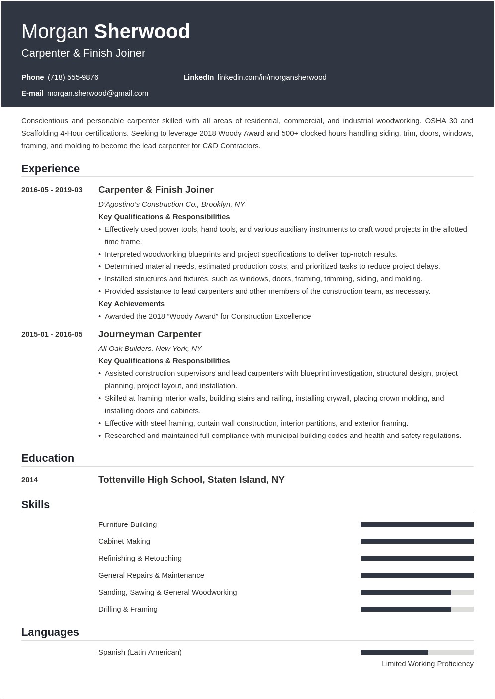 Navy Carpenter Job Description For Resume
