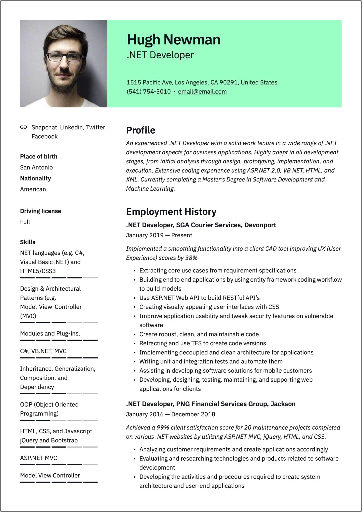 Net Developer Resume With Financial Company Experience