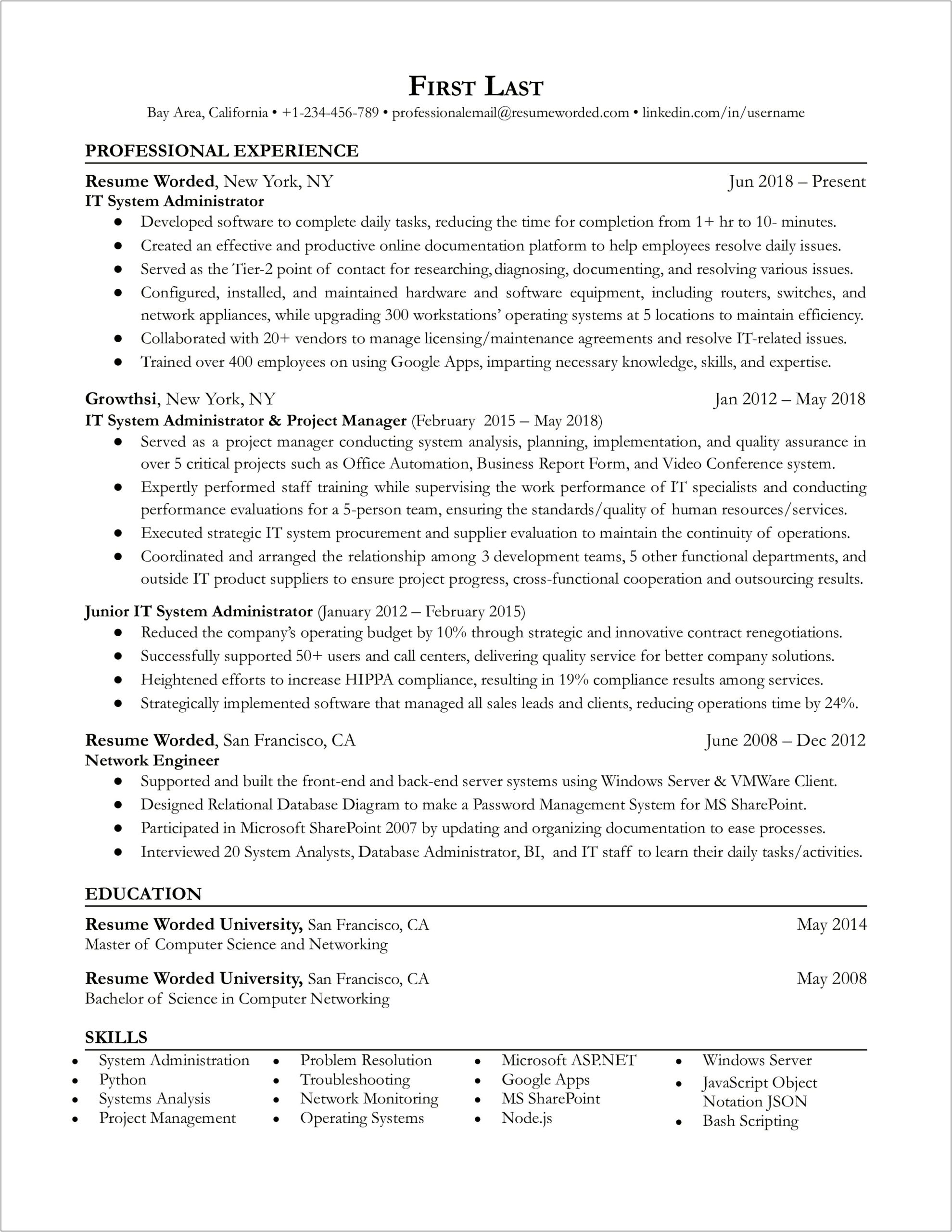 Network Administrator Job Experience Resume 2 Years