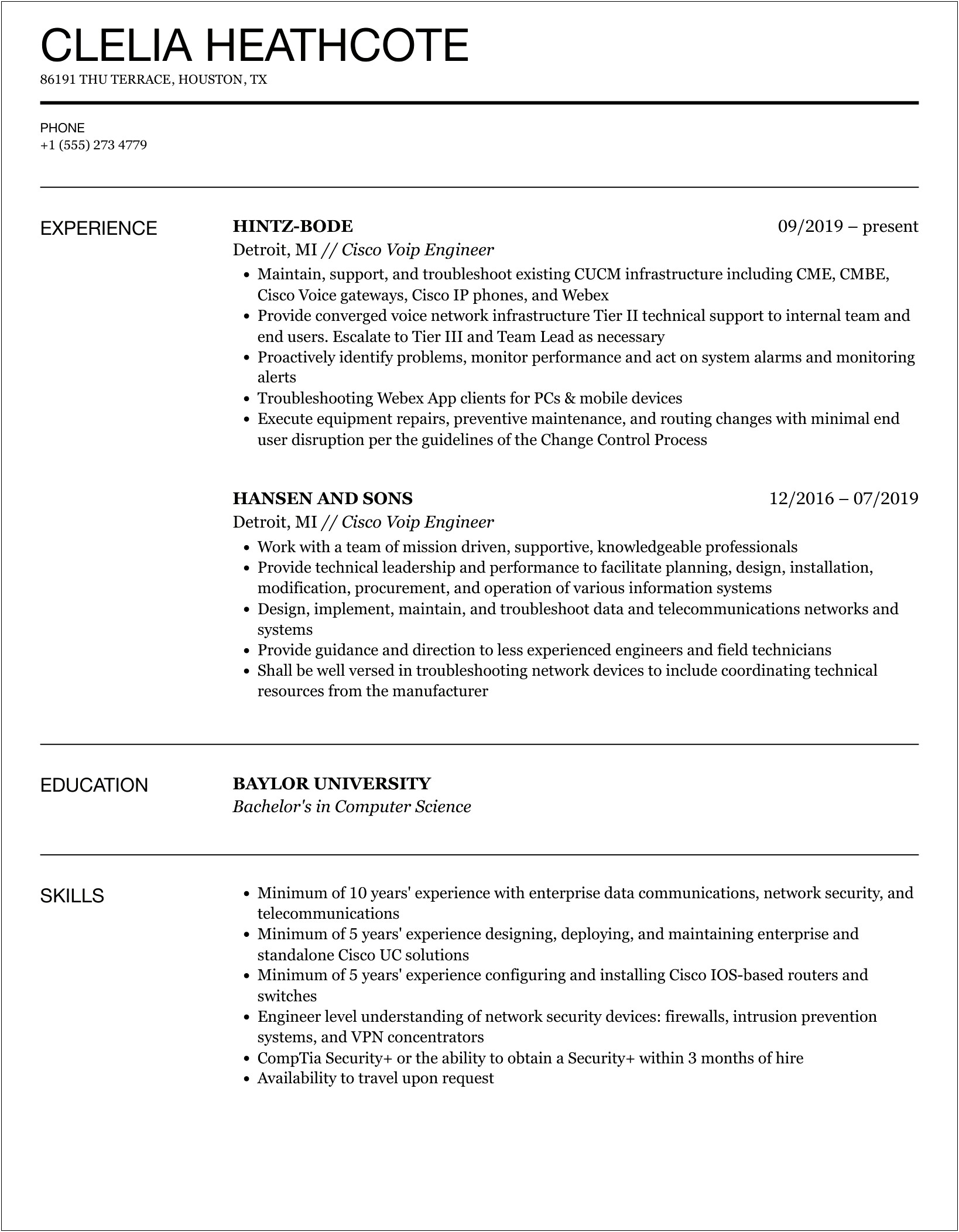 Network Voip Engineer Cucdm Sample Resume