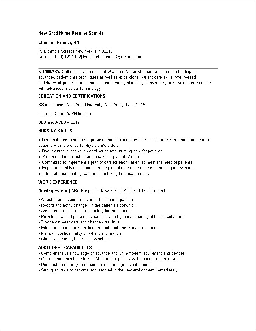 New Grad Registered Nurse Resume Summary