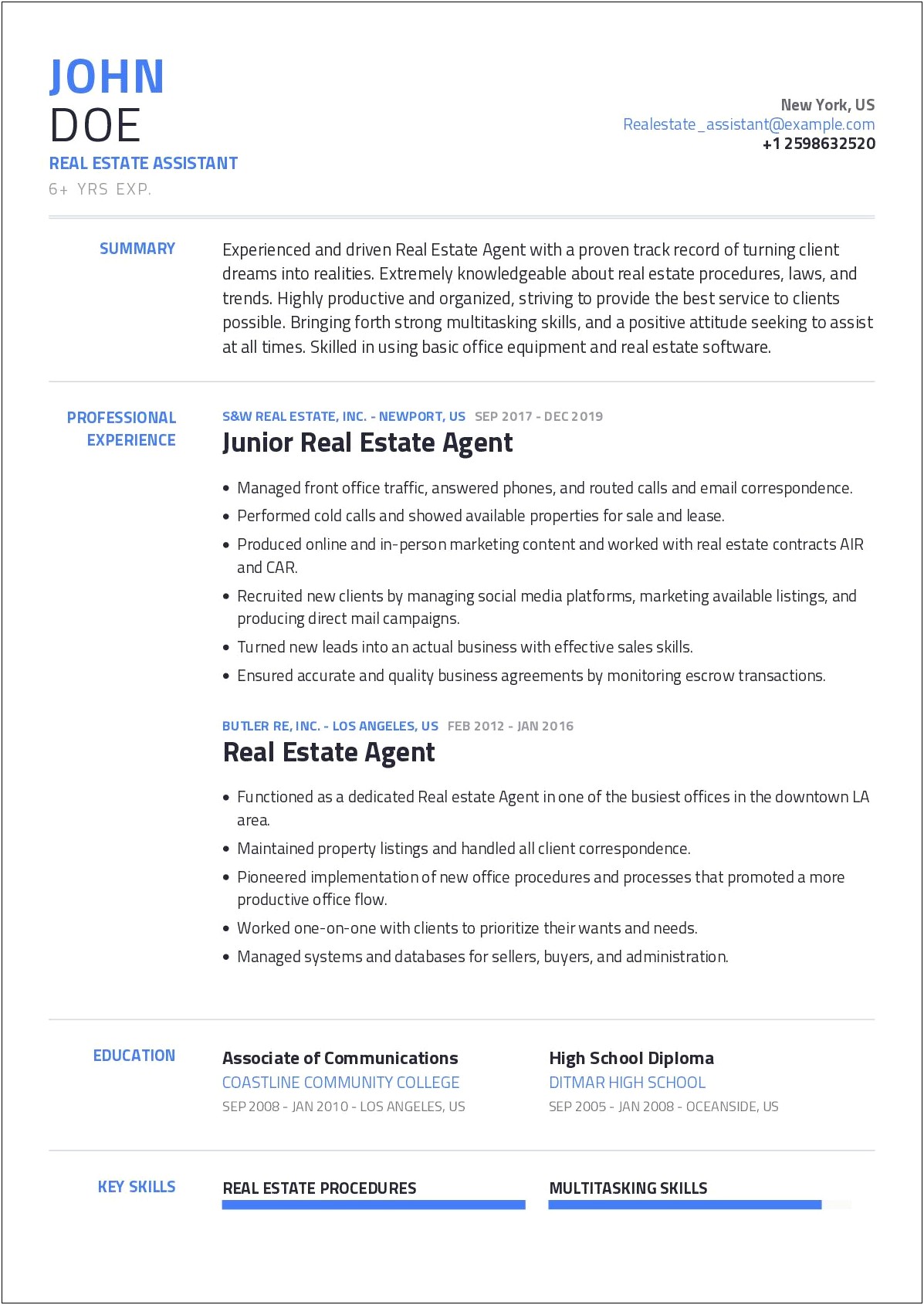 New Real Estate Agent Resume Example
