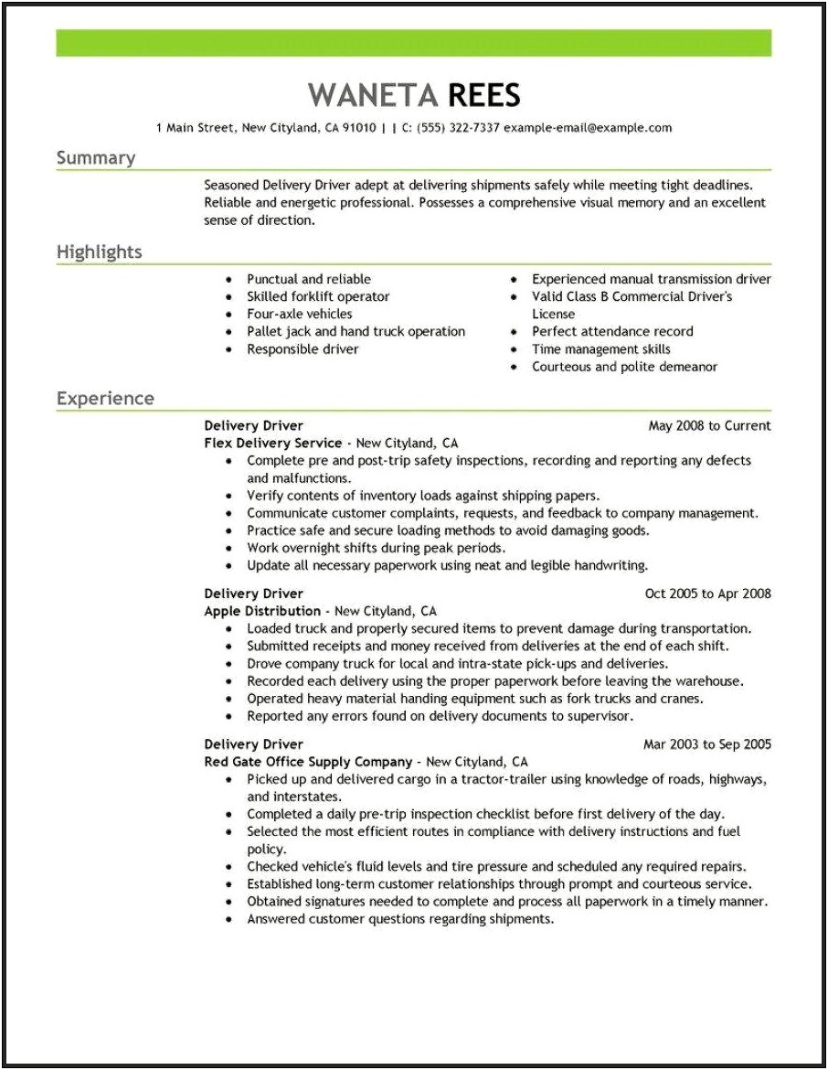 No Experience Truck Driver Resume Sample
